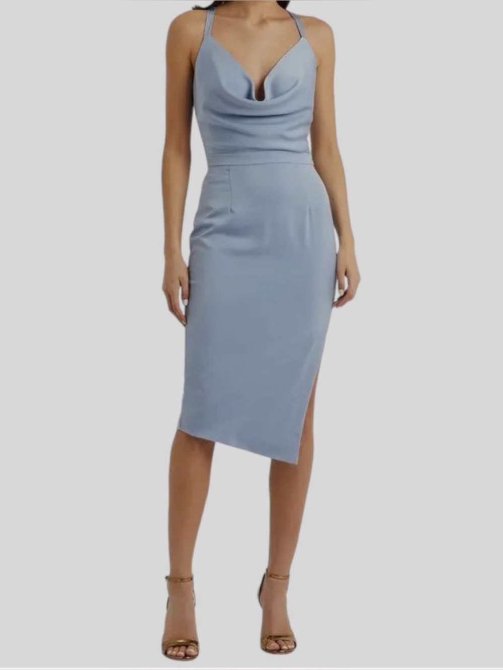 Lavish Alice Pale Blue Backless Cowl Satin Evening Dress
